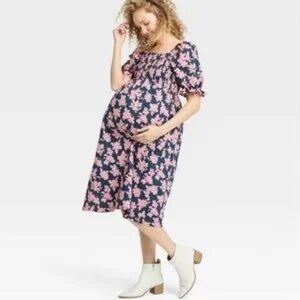 The Nines by HATCH Pink and Navy Floral Midi Dress